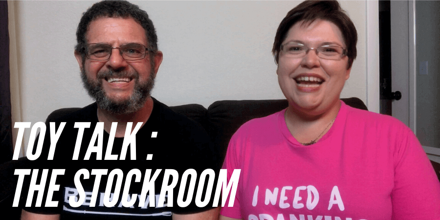 picture of Kayla Lords and John Brownstone smiling at camera with title that says Toy Talk The Stockroom
