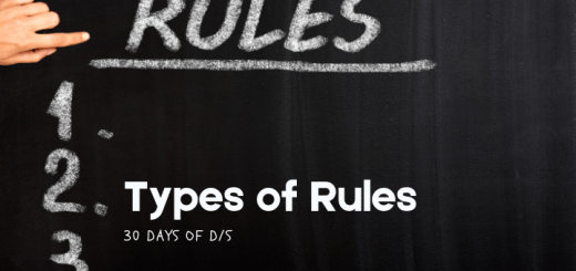 image of blackboard with rules spelled out in white chalk and numbers 1, 2, and 3 listed with white hand pointing to the word rules with text that says Types of Rules 30 Days of D/s